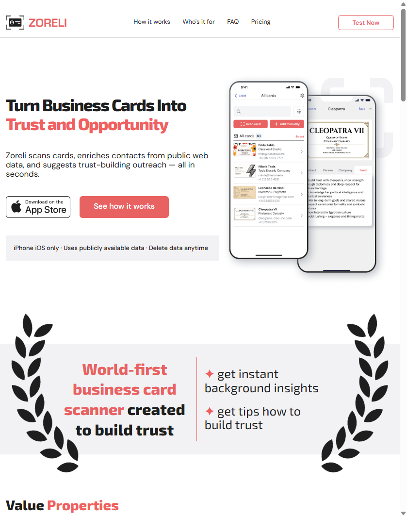 ZORELI - AI Business Card Scanner App